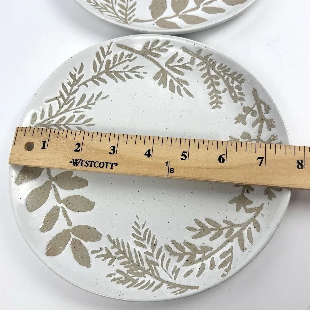 West Elm Botanical Salad Plates Set of 2 White Tan Stoneware Speckled 8